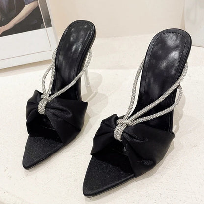 Green Silk Crystal Mule High Heels Slippers Sandals