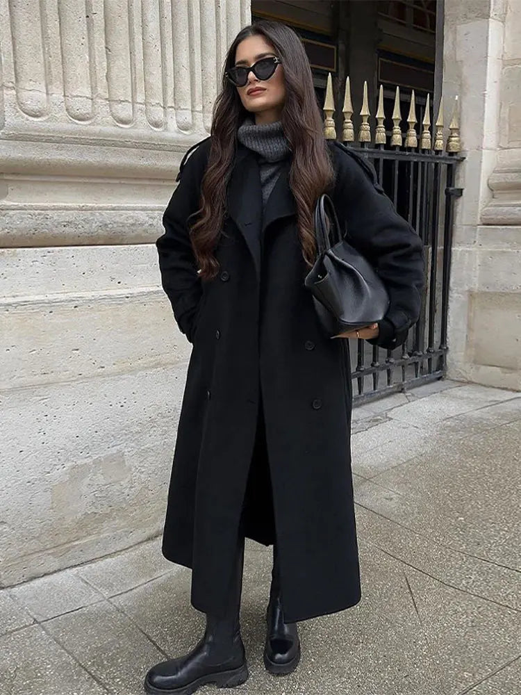 Fashion Double Breasted Women's Woolen Overcoat Elegant Lapel Long Sleeve Jacket With Belt Female New Commute Outerwear
