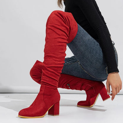 Winter Zipper Women Over-the-Knee Boots Fashion Flock Square Heel Shoes