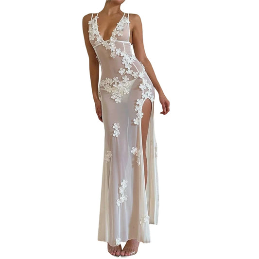 Sexy Dress for Women White Sheer See Through V Neck Sleeveless Bodycon Long Dresses 3D Flower Party Dresses Clubwear