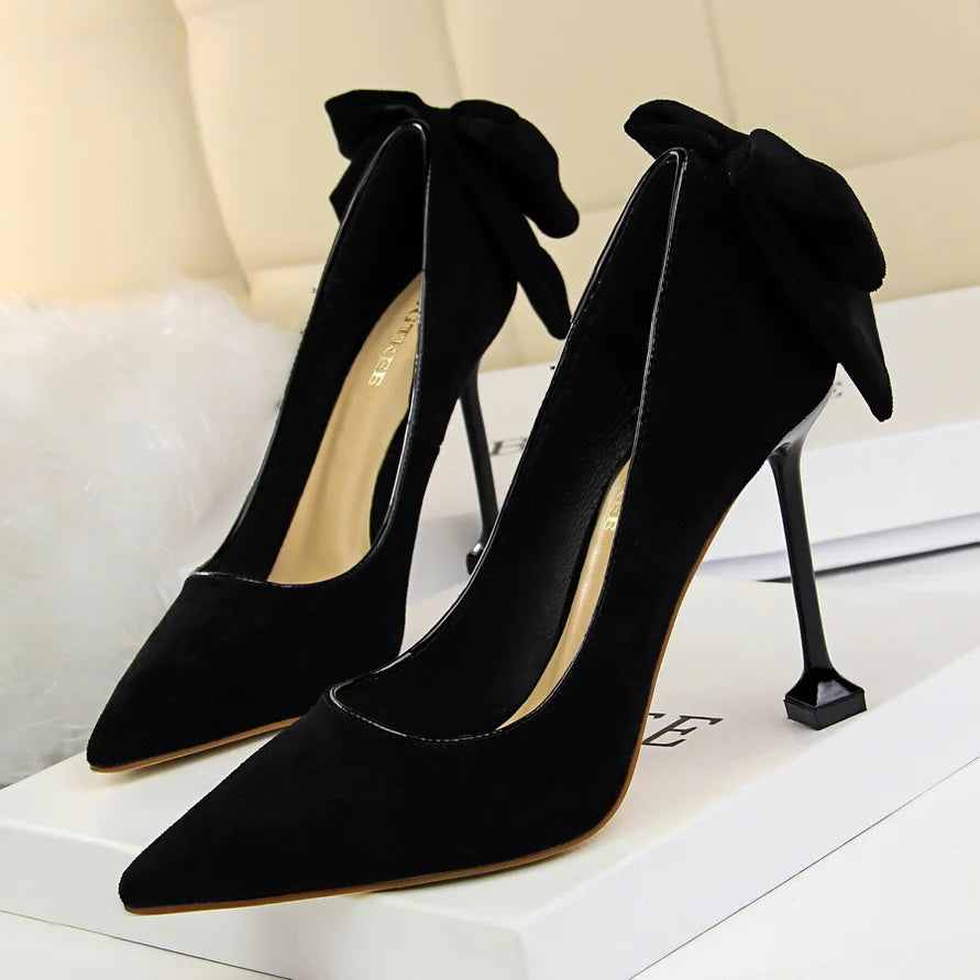 Bowknot Suede Female Kitten Heels Pumps - Spring New High-heels
