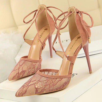 Cross Straps Women Sandals Mesh Lace High Heels Stiletto Party Shoes