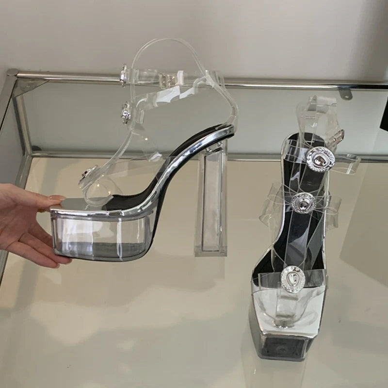 Buckle Bowknot Transparent Sandals with Clear Platform for Women