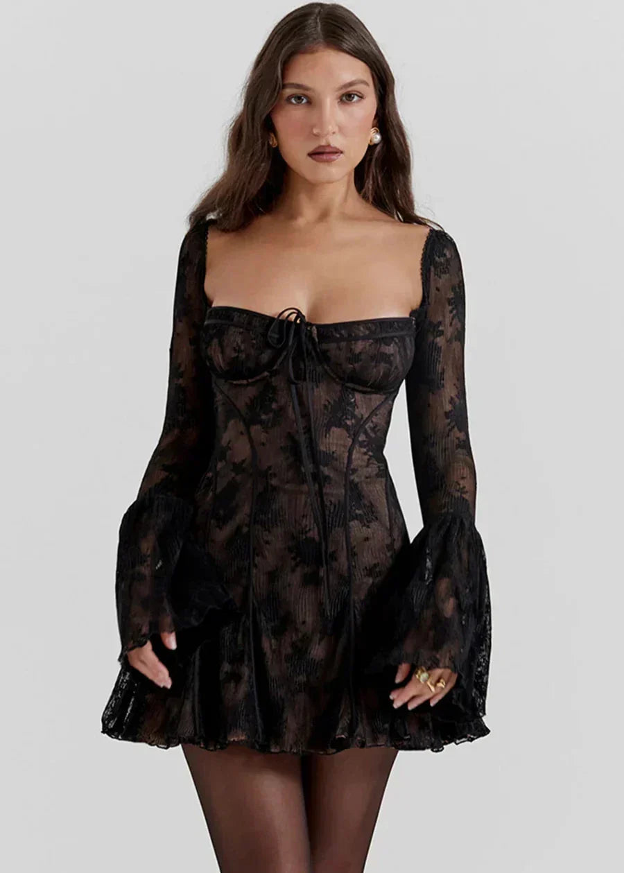 Floral Lace Bustier Tie Front Bell Sleeve Fit and Flare Mini Dress