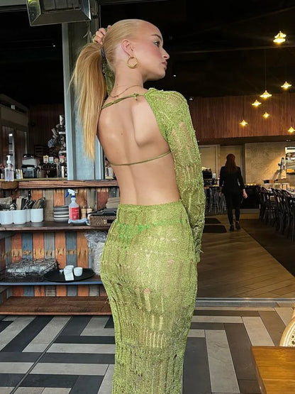 Deep V Ribbon Slit Halter Maxi Dress