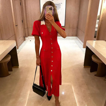 Ribbed Contrast Collar Short Sleeve Buttoned Midi Dress
