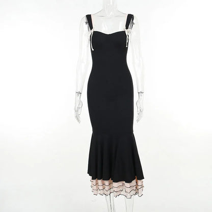 Black Ruffle Trim Fishtail Midi Dress