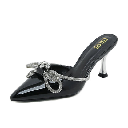 Summer rhinestone bow sandals with pointed semi-slippers and thin heels