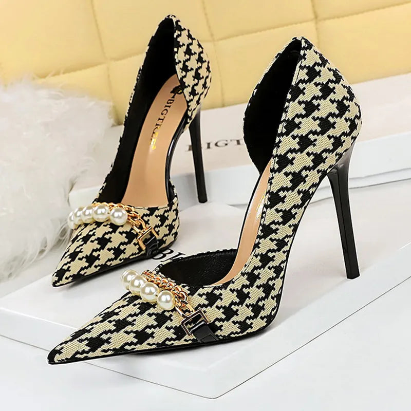 Grain Women Pumps with Pearl Chain Design - High Quality High Heels