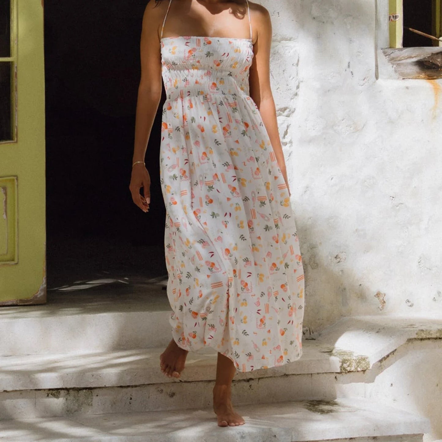 Smocked Floral Tie-back Cami Vacation Dress