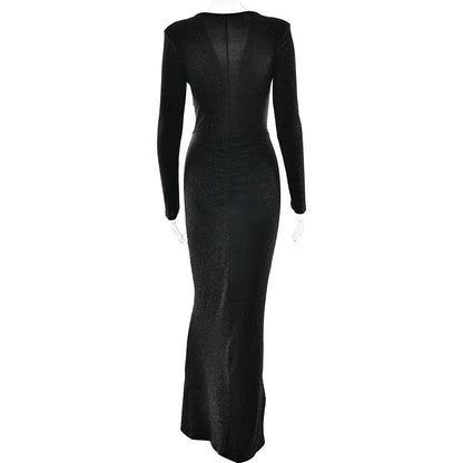 Elastic Deep V-Fold Lace Maxi Dress