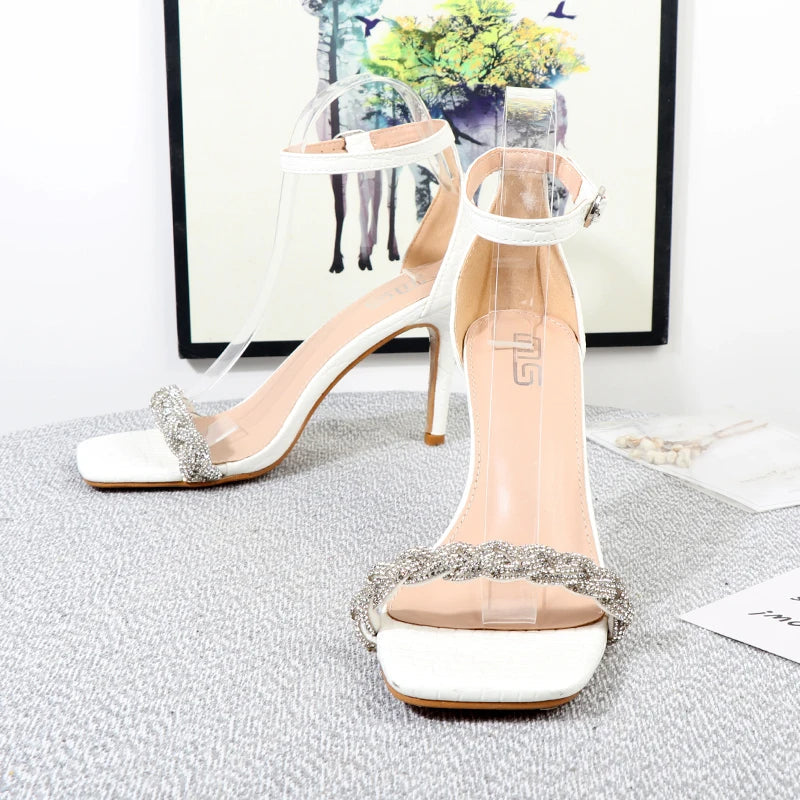 Square toe diamond stiletto heel sandals for women