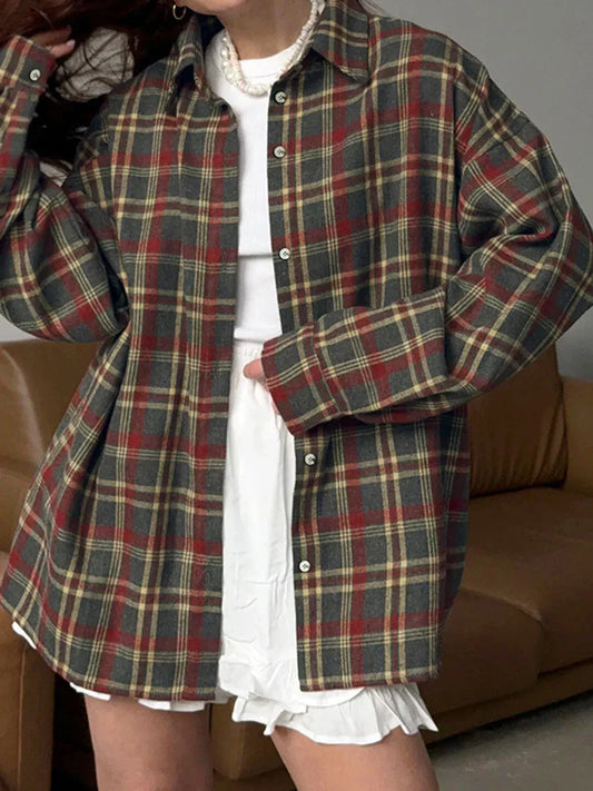 Classic Vintage Plaid Shirts For Women Spring Autumn Single Breasted Long Sleeve Blouse Outerwear Casual Fashion Loose Blouses
