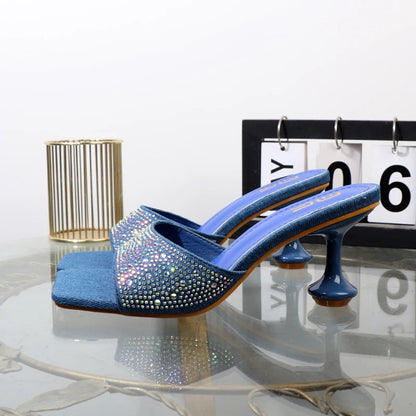 Summer Blue Denim Rhinestone Women's Slippers with 7CM Heel