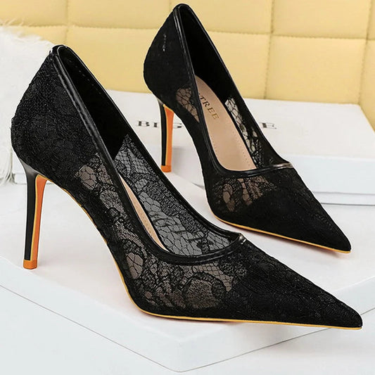 Red Lace Women Pumps with Mesh Hollow High Heels for Sexy Party Style
