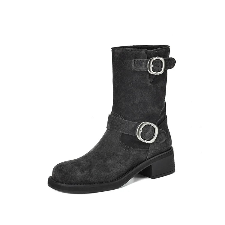 | Suede Buckle Boots in Black