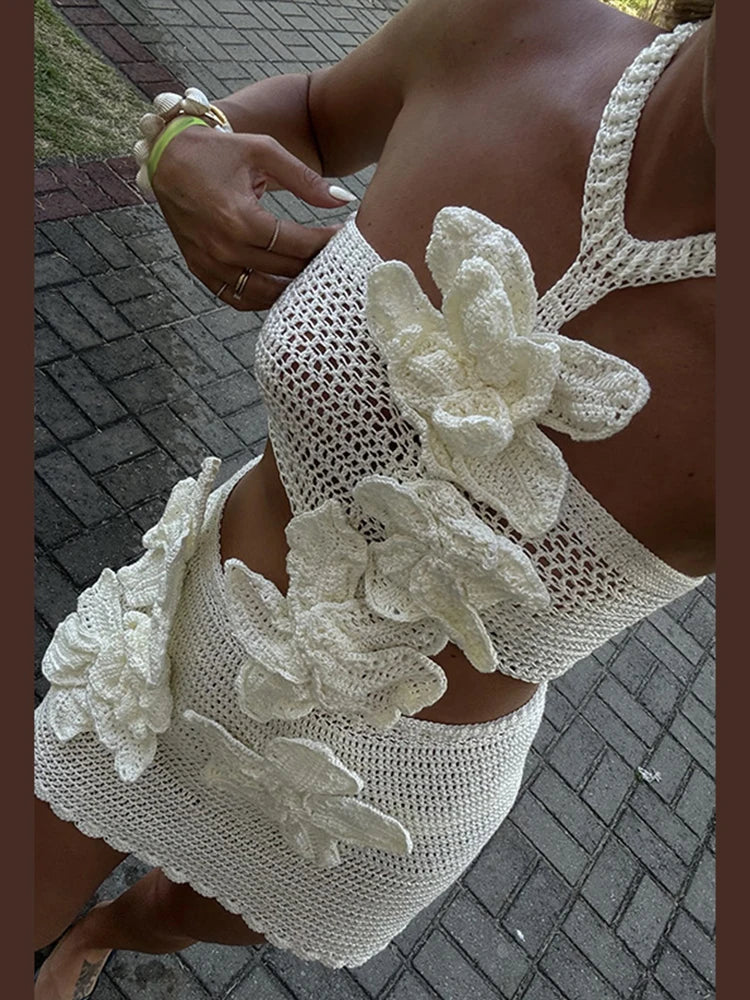 Hollow Knit Halter Mini Floral Dress