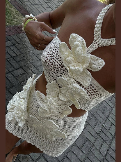 Hollow Knit Halter Mini Floral Dress