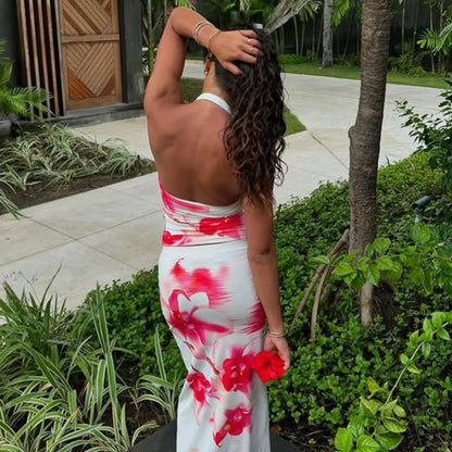 Backless Halter Maxi Skirt Two Piece Set