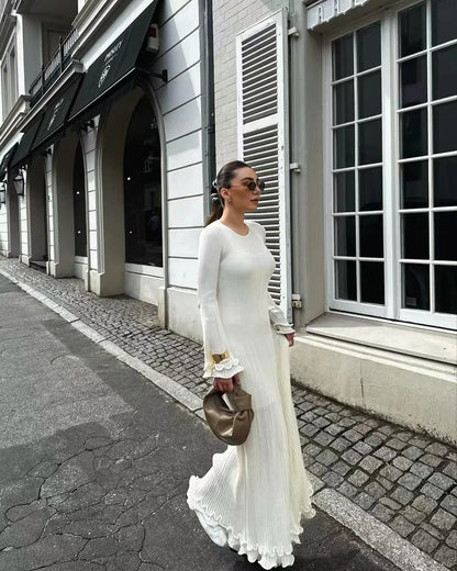 Autumn New Ladies Elegant Flared Sleeve Knitted Dress Women Fashion Crew Neck White Slim Robes Summer Female Party Dresses