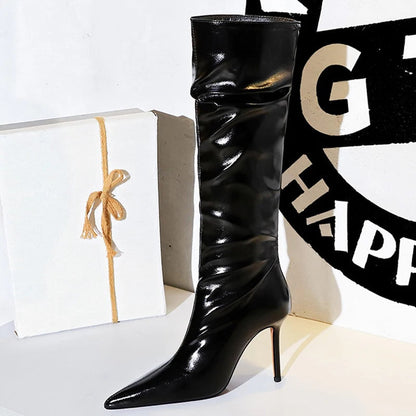 Sexy Knee-High Pointed Patent Leather High Heel Boots for Women
