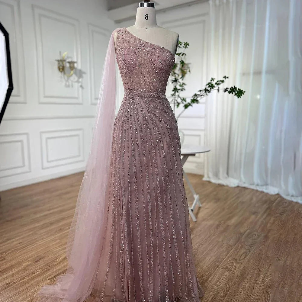 One-Shoulder Cape Sleeve Beaded Evening Dresses