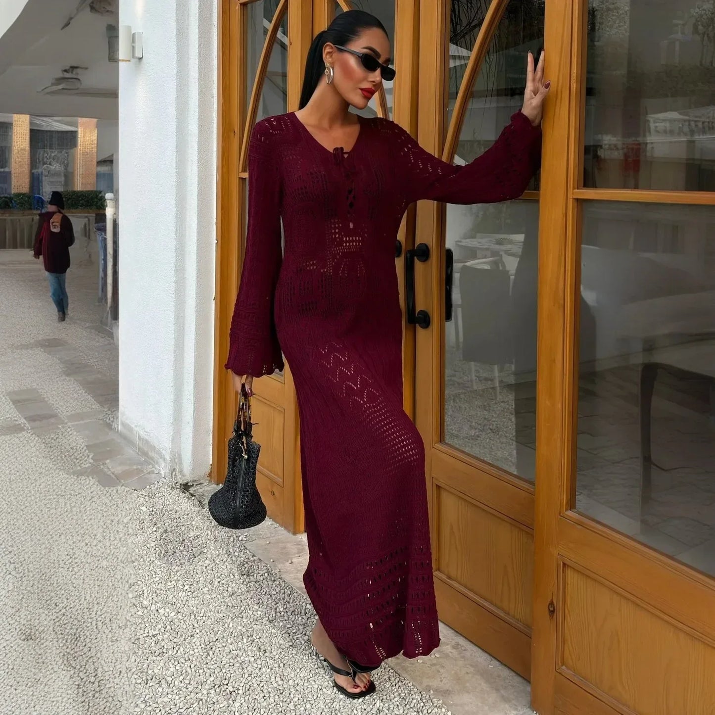 Summer knit hollow v neck beach maxi dress