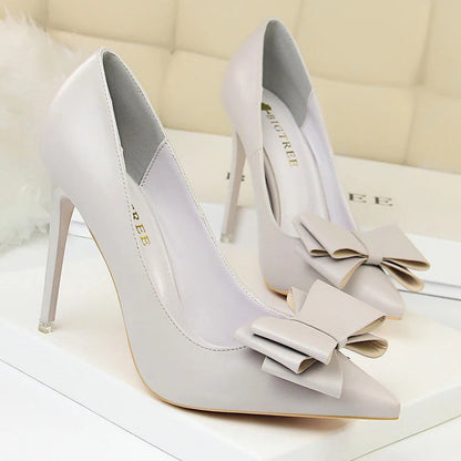 Black Classic Stiletto Pumps with Bow-knot Detail in PU Leather