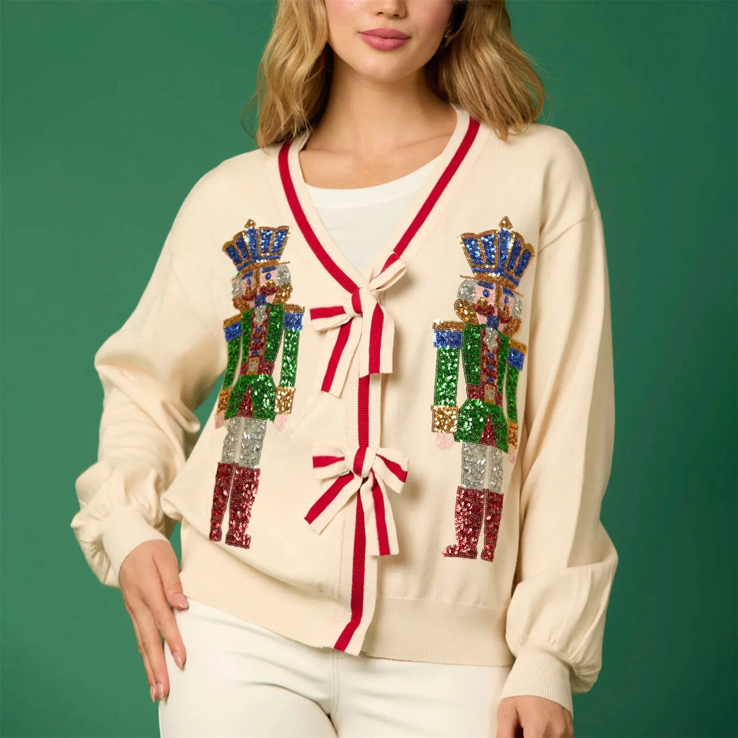 Glitter Sequined V-neck Bow Button Cardigan