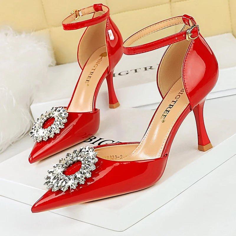 Rhinestone High Heel Buckle Pumps in Patent Leather for Women - Sexy Party Shoes