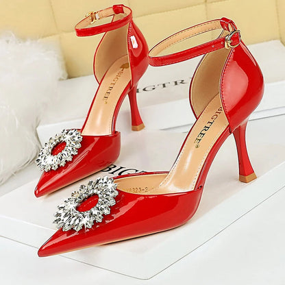 Rhinestone High Heel Buckle Pumps in Patent Leather for Women - Sexy Party Shoes