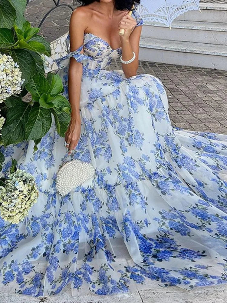 Backless Fit Flare Maxi Floral Dress