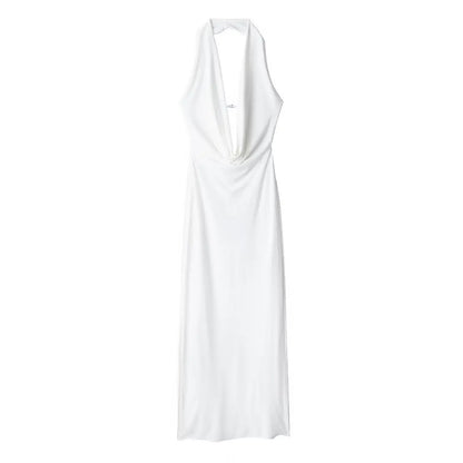 Off Shoulder Folds Hanging Neck Long Dress