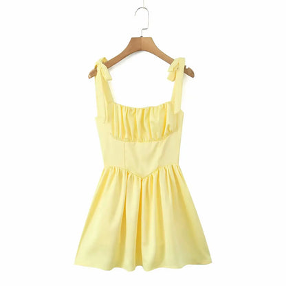 Tie Shoulder Lace Up Back Pleated Skater Mini Dress