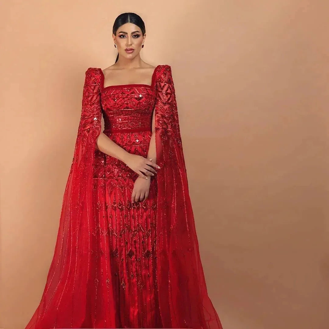 Crystal Beading Evening Dress with Cape Sleeve Customized