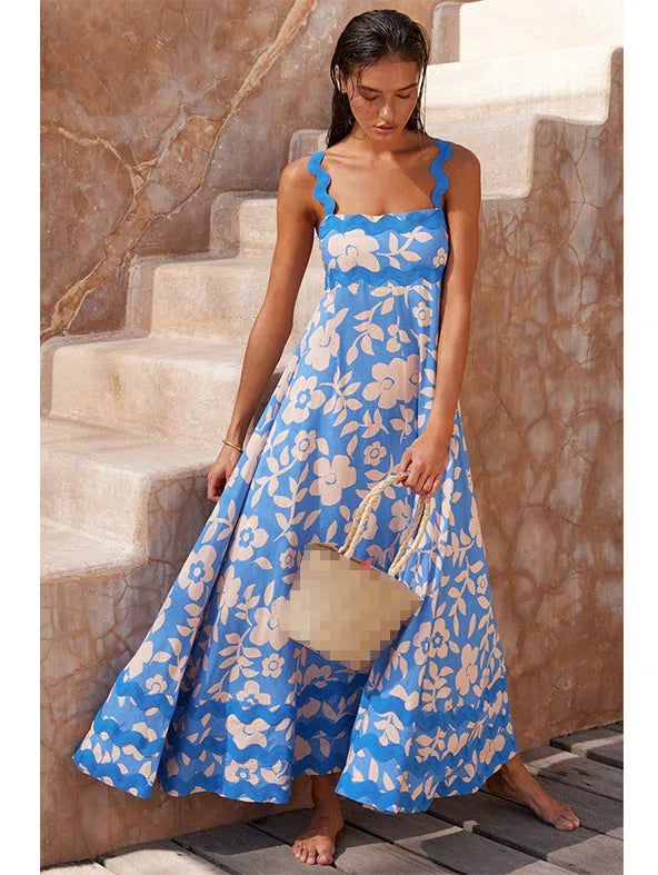 Large Floral Print Ric-Rac Trim Square Neck Wide Strap Maxi Dress