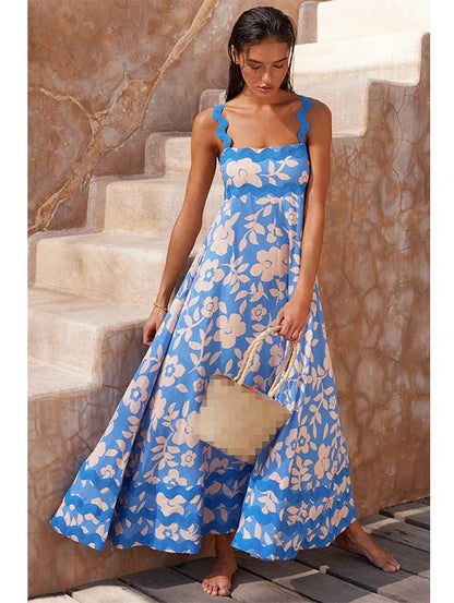 Large Floral Print Ric-Rac Trim Square Neck Wide Strap Maxi Dress