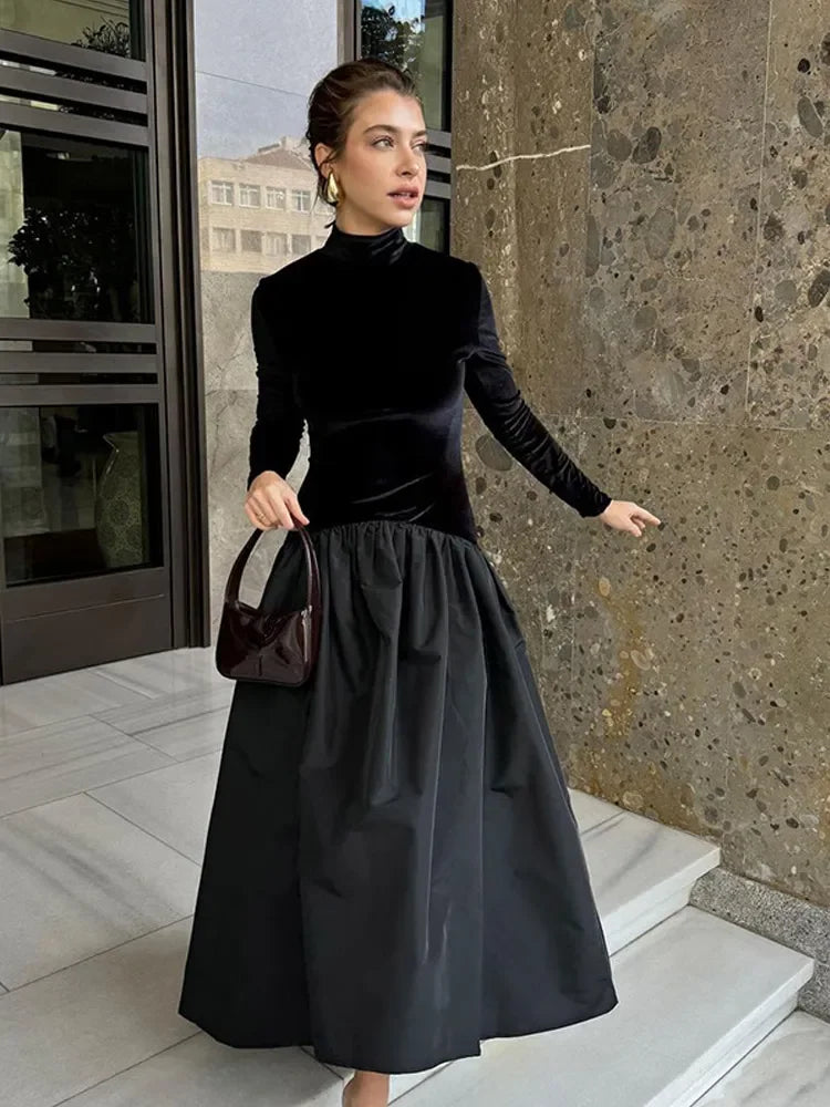 Mock Neck Long Sleeve Velvet Bodice Bubble Hem Midi Dress