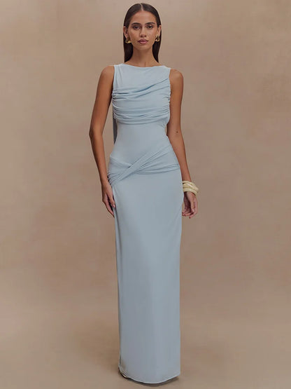 Ruched O Neck Split Maxi Bodycon Dress