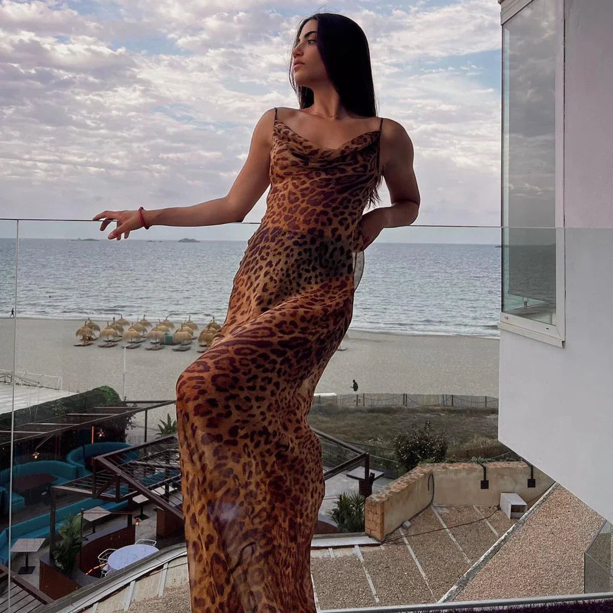 High Split Leopard See-through Vacation Dress