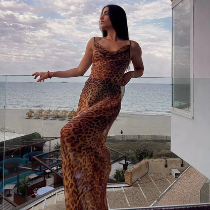 High Split Leopard See-through Vacation Dress
