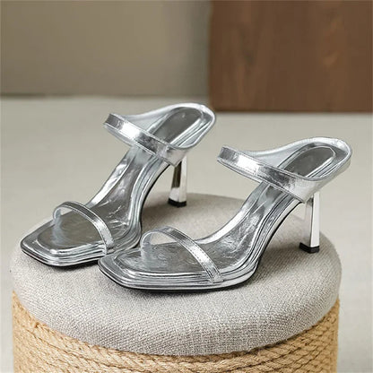 Hollow Out Narrow Band Women Slipper with Square Toe and Thin Heels