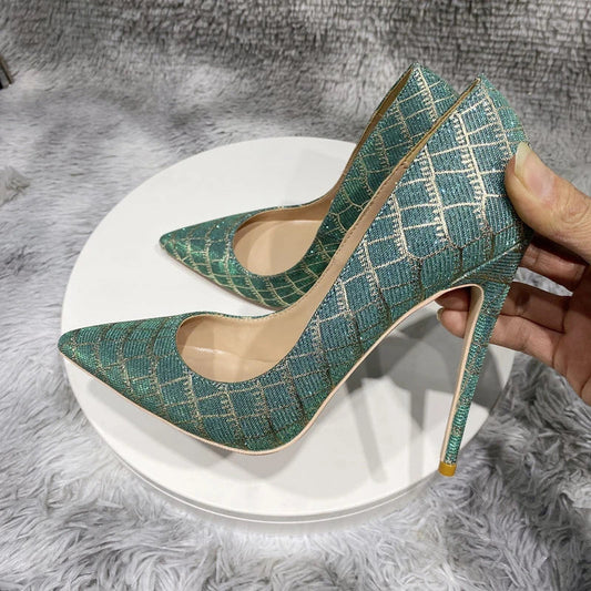 Green Glitter Embossed Crocodile Effect Pointy Toe High Heel Party Dress Shoes for Women