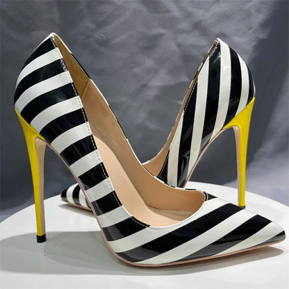 Striped Print Women Pointy Toe Stiletto Pumps with Yellow Heels