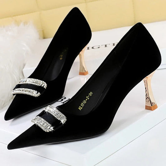 Metal Rhinestone Kitten Heels Women Pumps for Fashion Banquets