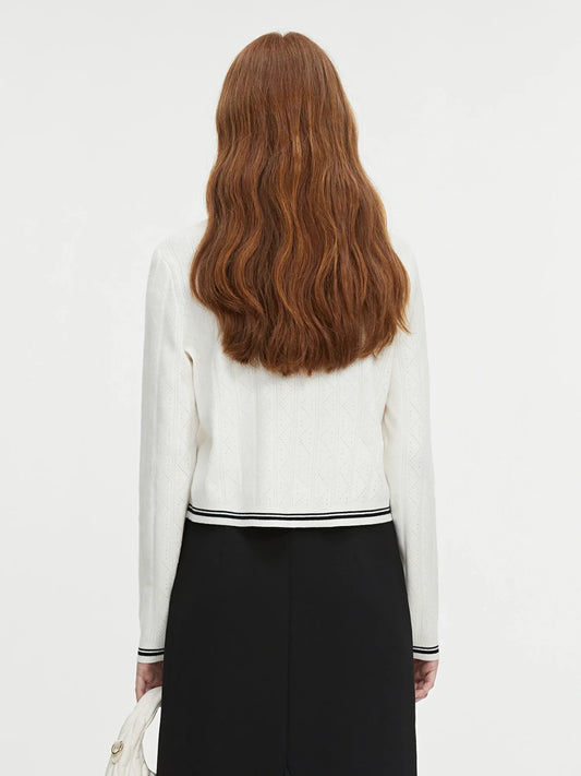 Contrast Color Round Neck Knit Cardigan