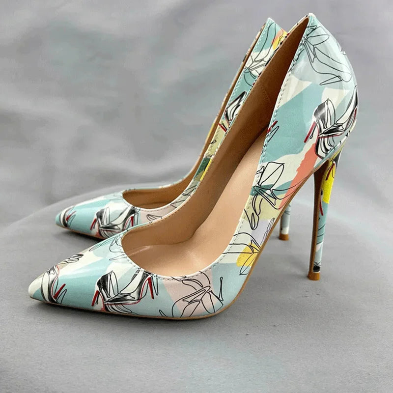 Light Green Print Women Pointy Toe High Heel Shoes