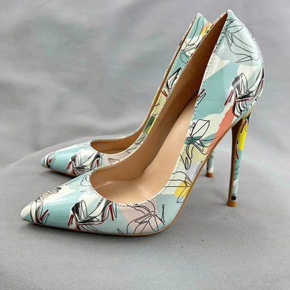 Light Green Print Women Pointy Toe High Heel Shoes