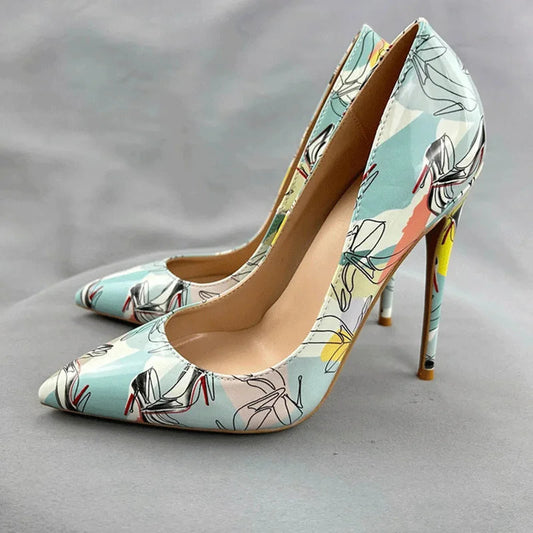 Light Green Print Women Pointy Toe High Heel Shoes