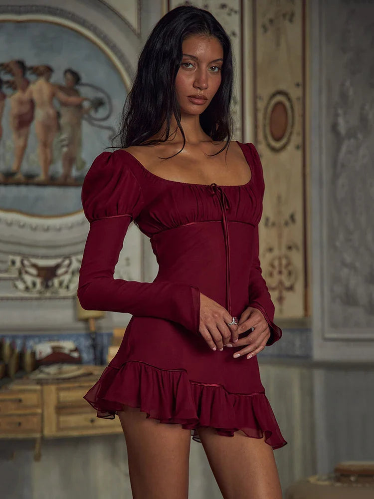 Ruffled Lace-up Square Neck Bodycon Dress